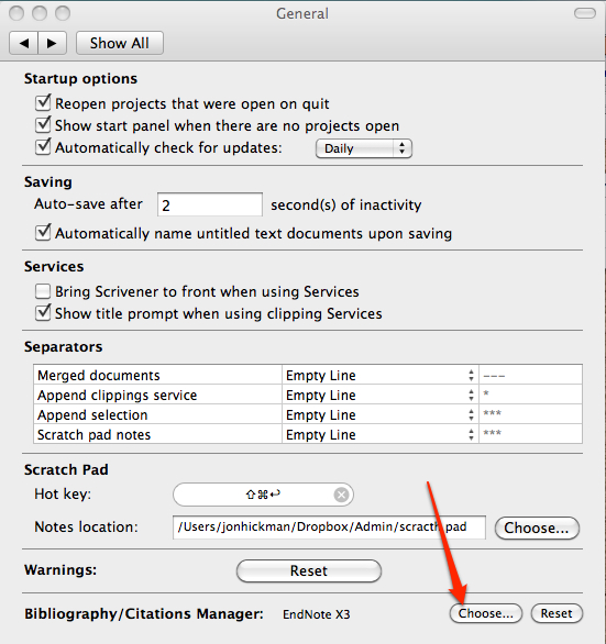 screenshot of Scrivener preferences